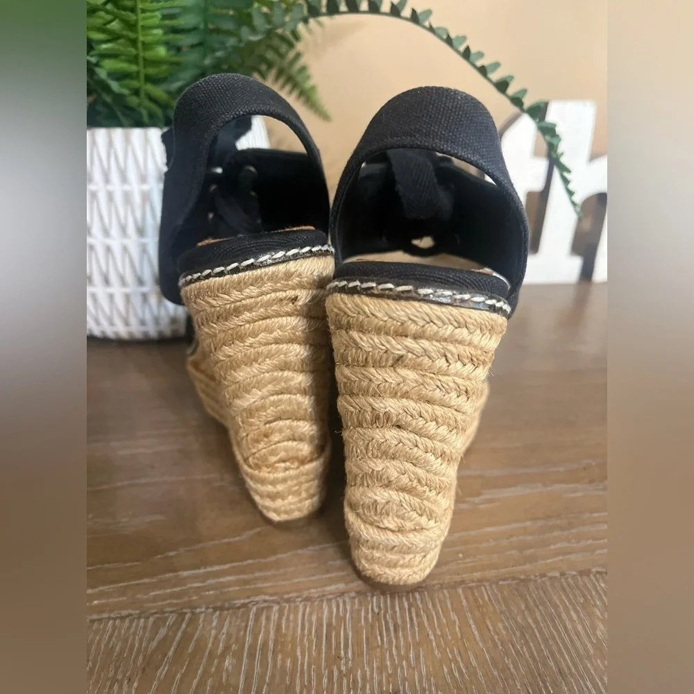 TORY BURCH Black Lace Up Canvas Espadrille Wedges Sandals Size 5
